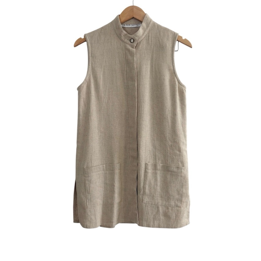 Vintage Sleeveless Beige Button Up Vest High Neck Top